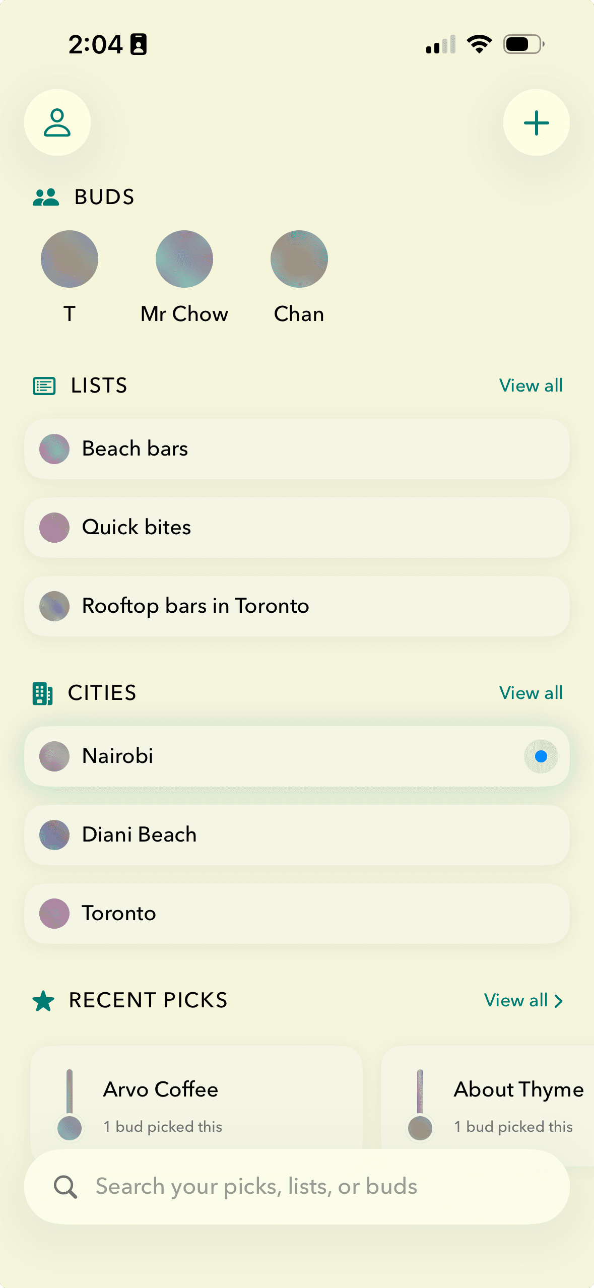 Taste Buds app showing your buds, lists, and recent spots